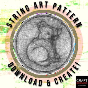 May include: String art pattern of a koala, with colored dots around the edge of the circle. The text "STRING ART PATTERN DOWNLOAD & CREATE!" is written around the circle. The text "CRAFT SCHEMATIC" is in the bottom right corner.