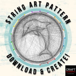 Puede incluir: Un diseño de patrón de arte de hilo colorido con el texto "String Art Pattern Download & Create!" y "Craft Schematic" en un círculo. El diseño presenta una variedad de colores, incluyendo rojo, naranja, amarillo, verde, azul, morado y negro.