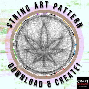 Może przedstawiać: Wzór string art przedstawiający liść z kółkiem kolorowych kropek wokół krawędzi. Tekst "String Art Pattern" znajduje się nad kółkiem, a tekst "Download & Create!" pod kółkiem.