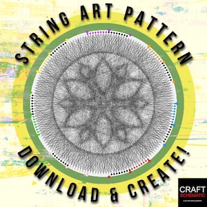 Op de afbeelding: String art patroon om te downloaden en te maken. Een kleurrijke cirkel met zwarte lijnen die vanuit het midden stralen. De cirkel is omgeven door een groene en gele achtergrond met de tekst "String Art Pattern Download & Create!"