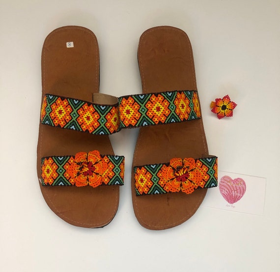 Huichol Beaded Leather Huaraches Sandals Size 11 - Etsy