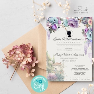 Editable Bridgerton Invite, Instant Download Lady Whistledown&#39;s Column.  Victorian Regency Bridal Shower - INSTANT DOWNLOAD. Purple and Blue