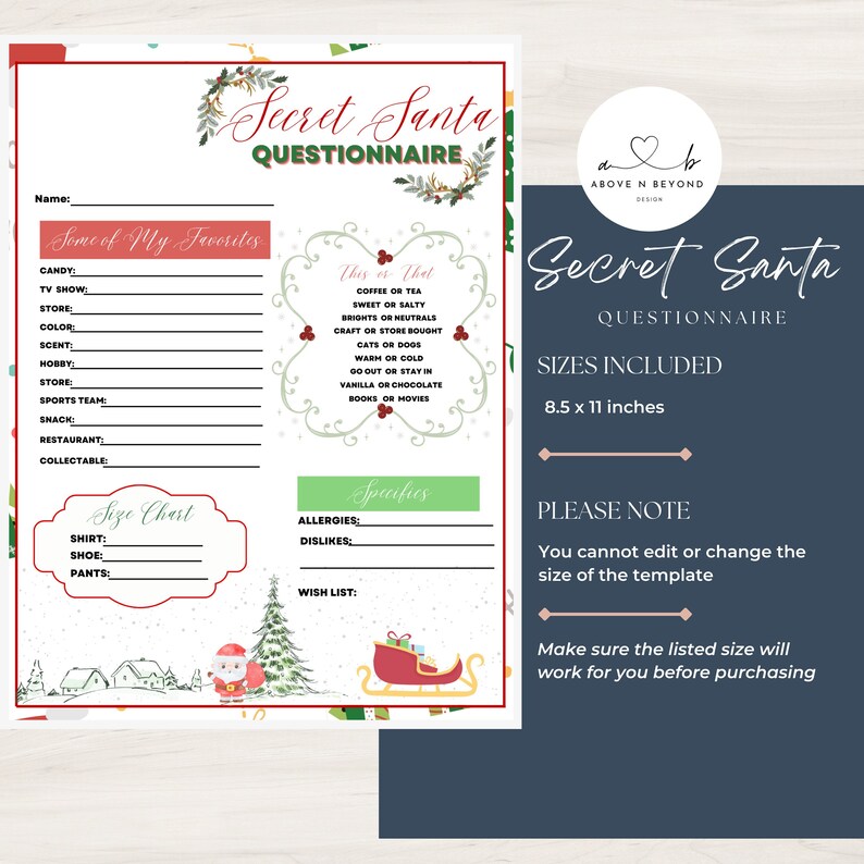 Digital Download Printable Secret Santa Questionnaire PDF - Etsy