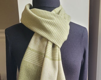 Handwoven Cashmere Scarf in soft olive-white colours, Handwoven Cashmere Scarf in a classic Houndstooth design, Lightweight Cashmere Scarf