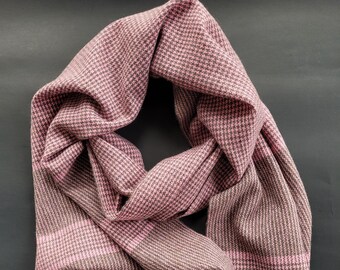 Handwoven Cashmere Scarf in muted brown-pink colors, Handwoven Cashmere Scarf in a classic Houndstooth design, Lightweight Cashmere Scarf