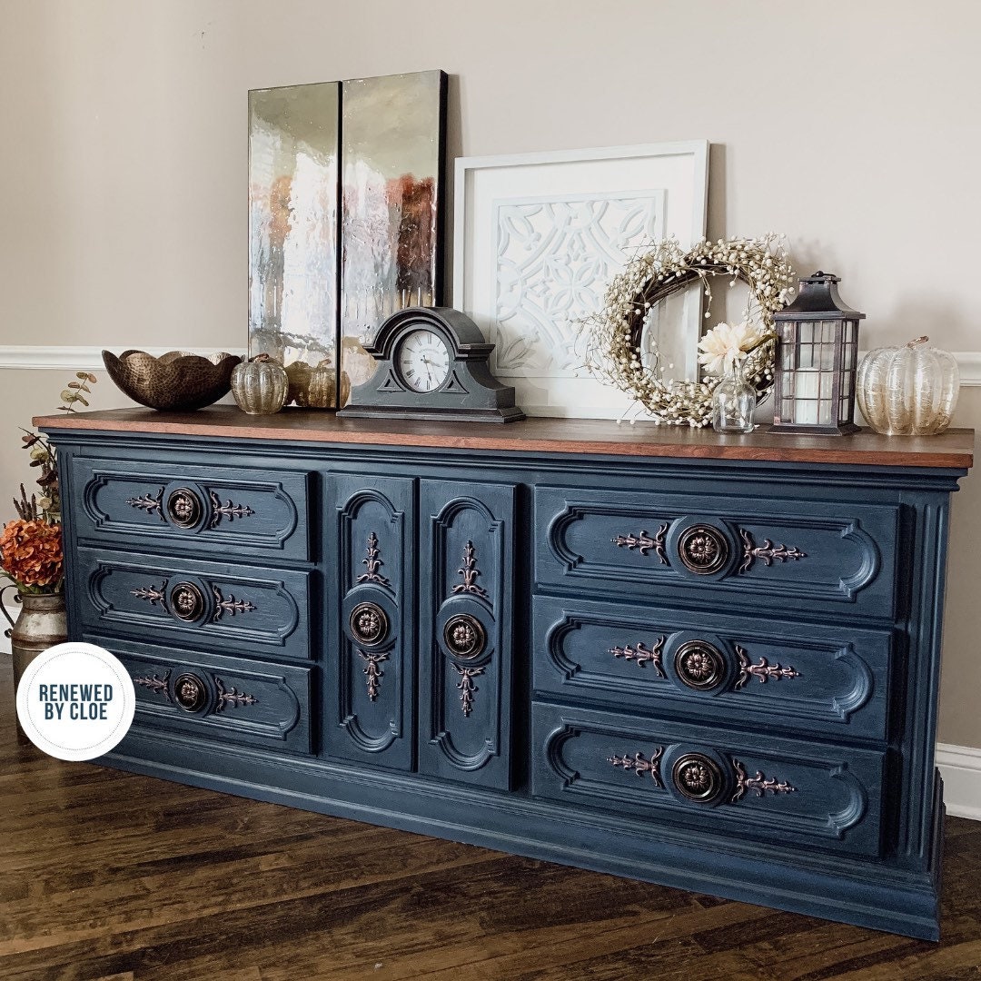 blue and black dresser Navy Refinished Dresser || Sample Piece - Message to Order!