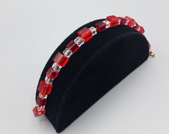 Red and Clear Square Glass Bead Bracelet