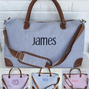 Personalized Seersucker Weekender Travel Bag, Duffel Bag, Seersucker Overnight Bag, Personalized Luggage, Hospital Bag