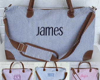 Personalized Seersucker Weekender Bag, Monogrammed Travel Duffel