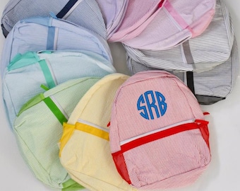 Monogram Seersucker barnryggsäck, personlig skolväska