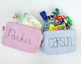 Monogrammed Seersucker Cosmetic Bag, Personalized Travel Toiletry Bag