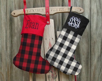 Personalized Farmhouse Christmas Stocking, Rustic Stocking with Name, Monogrammed Christmas Stocking, Buffalo Check Flannel