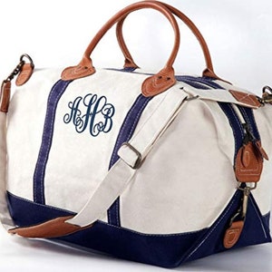 Monogrammed Weekender Bag Canvas and Genuine Leather Tote with initials Carry on luggage Duffel bag Overnight tote Navy