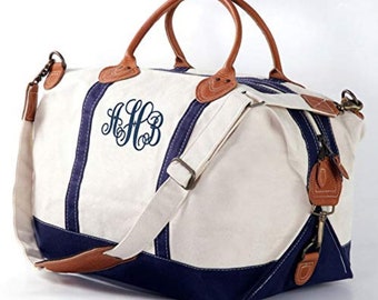 Monogrammed Weekender Bag | Canvas and Genuine Leather Tote with initials | Carry on luggage | Duffel bag | Overnight tote