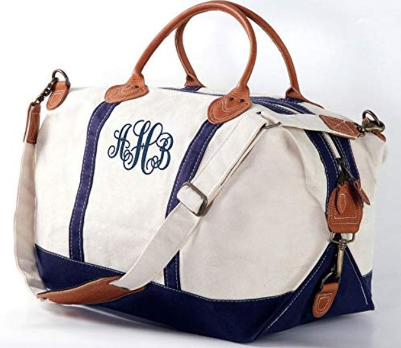 Monogrammed Weekender Bag Canvas and Genuine Leather Tote with initials Carry on luggage Duffel bag Overnight tote Navy