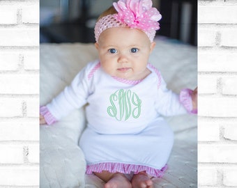 Personalized Infant Gown, Pink Gingham Ruffle Trim, Monogrammed Newborn Clothes