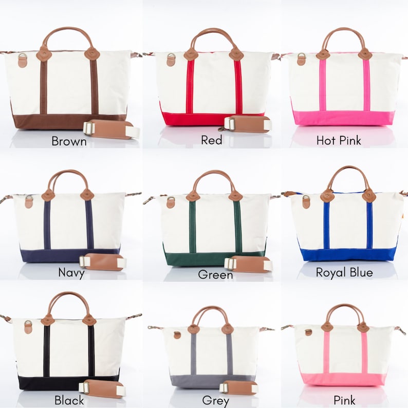 May include: A collection of canvas tote bags in various colors, including brown, red, hot pink, navy, green, royal blue, black, grey, and pink. Each bag has a white body, colored accents, leather handles, and a matching shoulder strap.