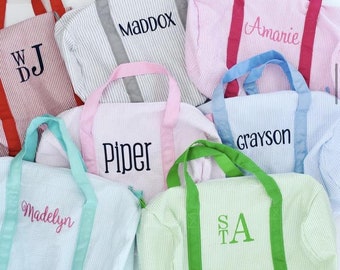 Personalized Seersucker Duffle Bag, Embroidered Baby Gift