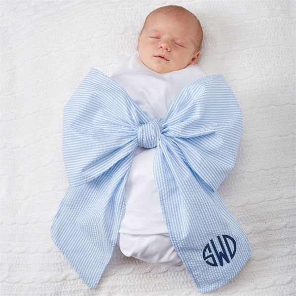 Monogrammed Newborn Seersucker Bow Sash Blanket, Maternity Photography Prop, Monogrammed Infant Wrap, Baby Photo Prop