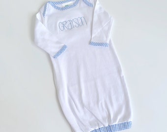 Personalized Infant Blue Gingham Trim Gown, Blue Boys Gingham Fringe, Newborn Gown, Monogrammed Infant Gown