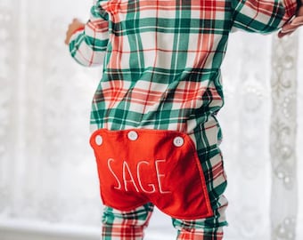 Christmas Plaid Butt Flap Pajamas with name for kids