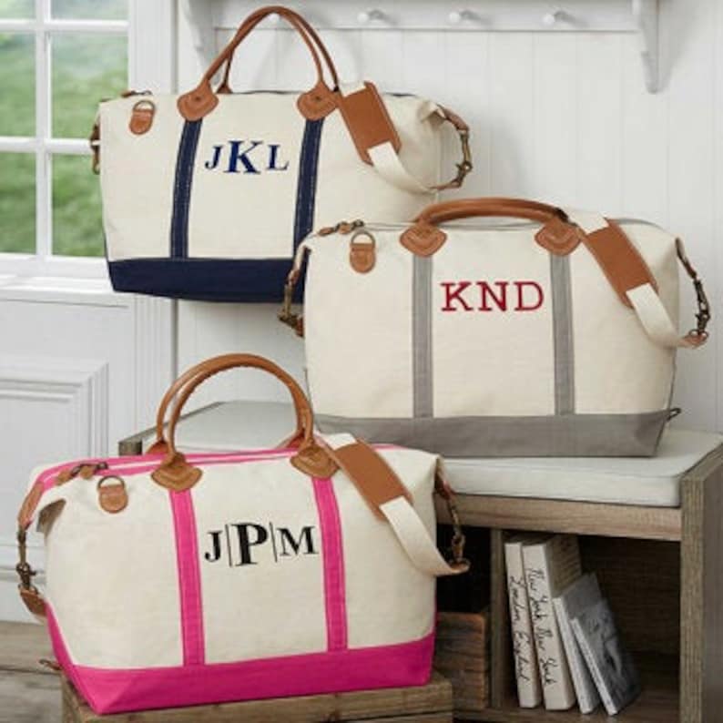 Carry on luggage Canvas and genuine leather travel bag with Monogram Weekender tote with initials Overnight tote Duffel bag