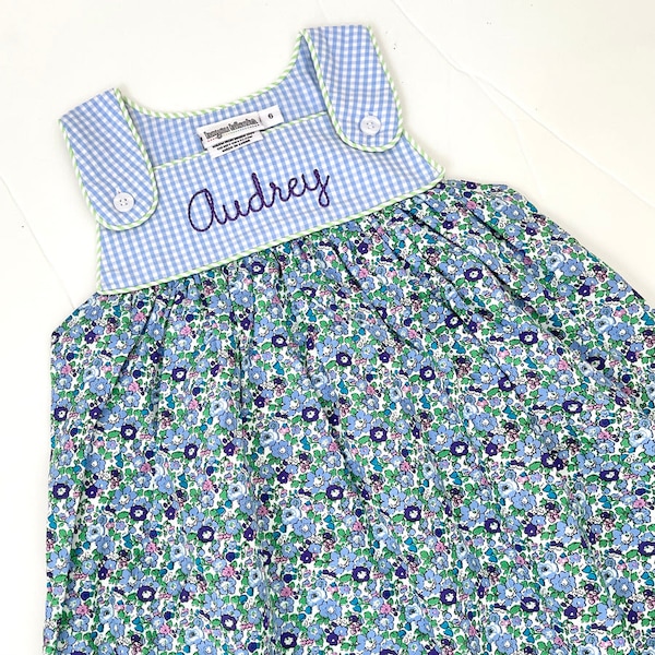 Vestido personalizado para niños, vestido floral y Gingham con nombre para bebé o niño pequeño, vestido de Pascua, traje de primavera