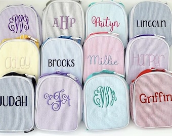 Geïsoleerde Seersucker-lunchtas, lunchbox met monogram, gepersonaliseerd cadeau