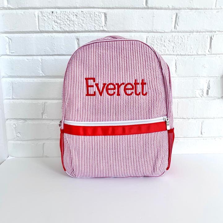 Zaino Personalizzato Con Nome Ricamato Per Bambina - Seersucker Rosa Con Borchie, Zaino Scolastico E Da Weekend