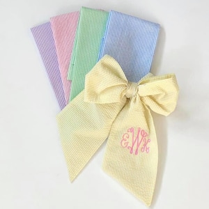 Monogrammed Seersucker Bow Sash, Easter Basket Bow, Maternity Photography Prop, Monogrammed Wreath Bow, Baby Photo Prop