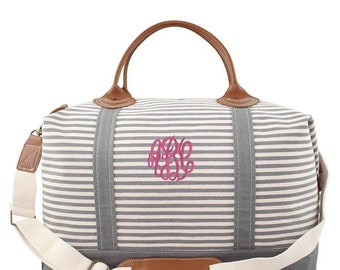 Monogrammed Weekender Bag | Striped Canvas and Genuine Leather Tote with initials | Carry on luggage | Duffel bag | Overnight tote