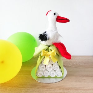 Spring diaper cake, neutral green stork bundle baby shower decor, neutral baby gift set, gender neutral diaper cake, new mom gift set