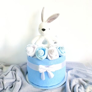 Handgemachte blaue Baby-Windeltorte - Babypartygeschenk, niedlicher Häschen-Mittelstück, Neugeborenen-Geschenkkorb, Baby-Geschenk für Mitarbeiter