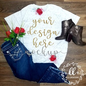 Bella+Canvas 3650 White Marble Tee - Mockup - Flowers - Roses - Boots - Jeans - Digital - Download - JPEG - PNG