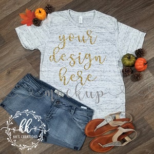 Bella+Canvas 3650 White Marble Tee - Fall Mockup - Pumpkins - Leaves - Pinecones - Digital - Download - JPEG - PNG