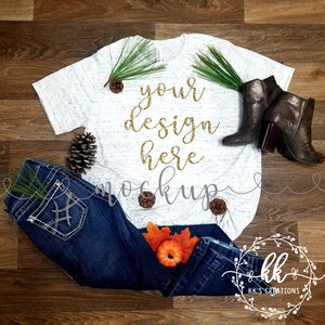 Bella+Canvas 3650 White Marble Tee - Fall Mockup - Pumpkins - Leaves - Pinecones - Digital - Download - JPEG - PNG