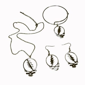Grateful Dead Jewelry Gift Set Silver Plated Stainless Steel Earrings, Bracelet & Necklace