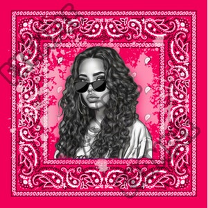 May include: A digital illustration of a woman with long curly hair wearing sunglasses. The image is set against a pink background with a white paisley pattern border.