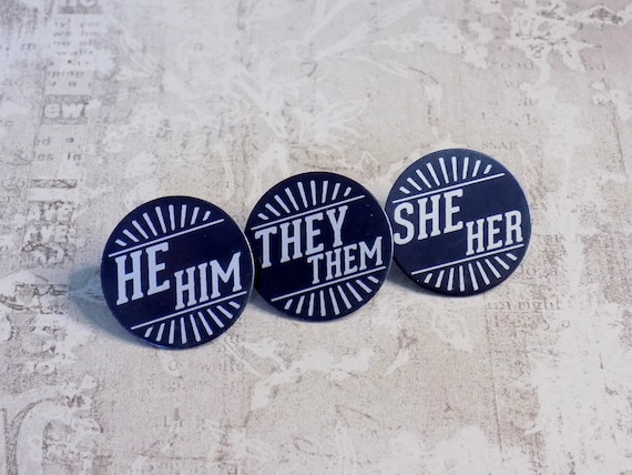 Vintage Art Deco Style 1 Inch Pronoun Pins / Etched Aluminum Metal Pronoun Pins - Pay What You Can