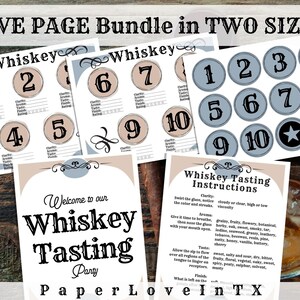 Pu&ograve; includere: Cinque pagine stampabili per una degustazione di whisky. Le pagine includono un cartello di benvenuto, istruzioni di degustazione e schede di punteggio con i numeri da 1 a 10. Le pagine sono progettate con uno stile vintage e presentano una combinazione di colori marrone e grigio.