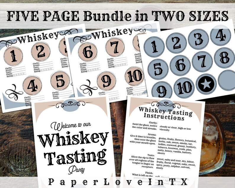 Pu&ograve; includere: Cinque pagine stampabili per una degustazione di whisky. Le pagine includono un cartello di benvenuto, istruzioni di degustazione e schede di punteggio con i numeri da 1 a 10. Le pagine sono progettate con uno stile vintage e presentano una combinazione di colori marrone e grigio.