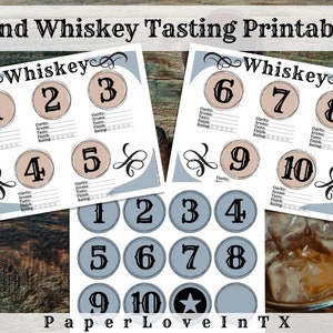Pu&ograve; includere: Schede di degustazione di whisky stampabili con uno schema di colori blu e marrone. Le schede di punteggio hanno spazi per valutare la limpidezza, l'aroma, il gusto, il finale e il punteggio generale di ogni whisky. Le schede di punteggio sono numerate da 1 a 10. Ci sono anche dieci cerchi individuali con i numeri da 1 a 10 stampati su di essi.