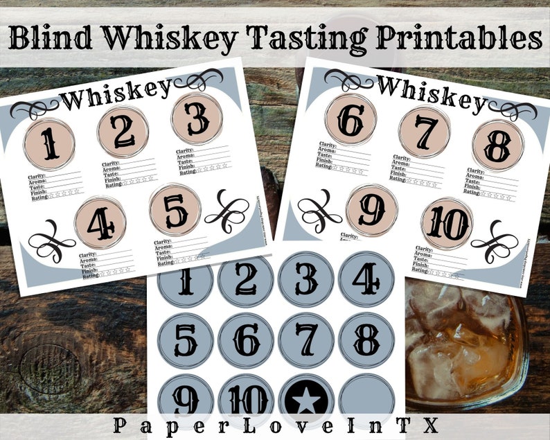 Pu&ograve; includere: Schede di degustazione di whisky stampabili con uno schema di colori blu e marrone. Le schede di punteggio hanno spazi per valutare la limpidezza, l'aroma, il gusto, il finale e il punteggio generale di ogni whisky. Le schede di punteggio sono numerate da 1 a 10. Ci sono anche dieci cerchi individuali con i numeri da 1 a 10 stampati su di essi.