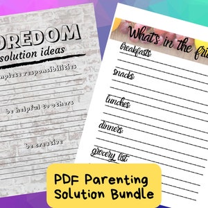 Könnte beinhalten: Zwei druckbare Arbeitsblätter für Eltern, um Kindern beim Umgang mit Langeweile zu helfen. Das erste Arbeitsblatt trägt den Titel "BOREDOM solution ideas" und listet Ideen wie "Verantwortlichkeiten erledigen" und "anderen helfen" auf. Das zweite Arbeitsblatt trägt den Titel "What's in the fridge?" und hat Abschnitte zum Auflisten von Frühstück, Snacks, Mittagessen, Abendessen und einer Einkaufsliste.