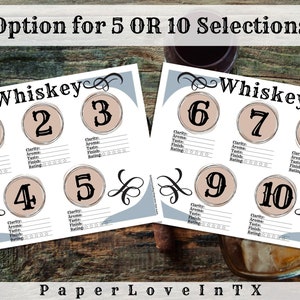 Pu&ograve; includere: Due schede di degustazione di whisky stampabili con uno sfondo in legno rustico. Le schede di degustazione sono progettate per 5 o 10 selezioni di whisky. Ogni selezione ha uno spazio per valutare la limpidezza, l'aroma, il gusto, il finale e la valutazione generale.