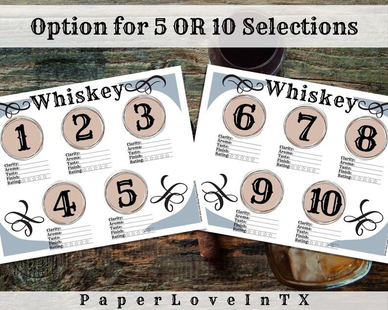 Pu&ograve; includere: Due schede di degustazione di whisky stampabili con uno sfondo in legno rustico. Le schede di degustazione sono progettate per 5 o 10 selezioni di whisky. Ogni selezione ha uno spazio per valutare la limpidezza, l'aroma, il gusto, il finale e la valutazione generale.