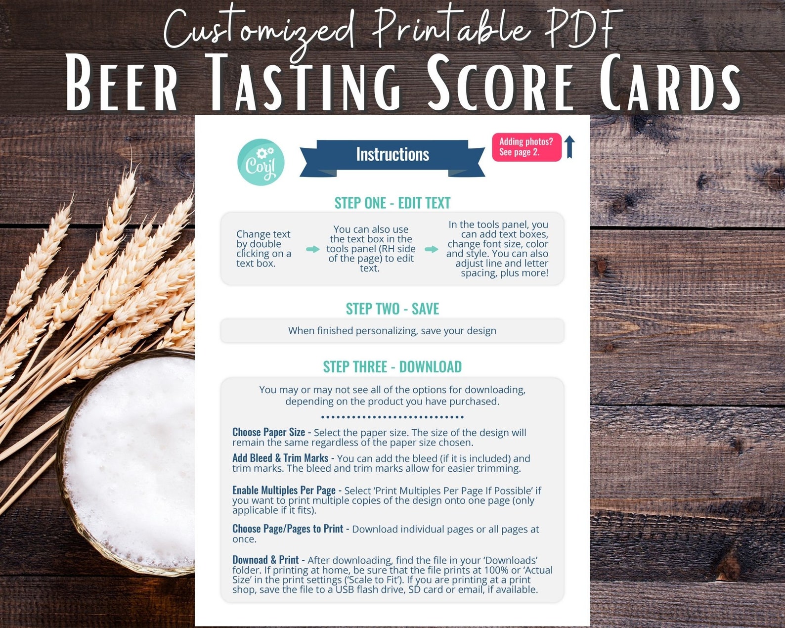 Editable Beer Tasting Score Card Printable PDF 8.5x11 and 8x10 for 10