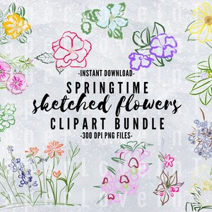 May include: A digital clipart bundle of 10 hand-drawn spring flowers in various colors, including blue, purple, pink, yellow, and green. The flowers are outlined in black and have a sketched style. The text "SPRINGTIME sketched flowers CLIPART BUNDLE -300 DPI PNG FILES- " is included in the image.