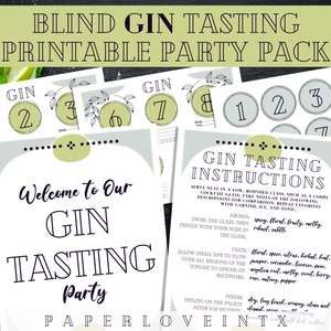 Blind Gin Tasting Printable Party Pack PDFs, Framable Welcome sign, Instructions de dégustation, Étiquettes de bouteille, Cartes de pointage pour 5 à 10 sélections