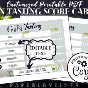 Scheda di punteggio di degustazione di gin modificabile Download digitale PDF stampabile 8,5x11 "e 8x10" per 5-10 selezioni